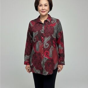 NWOT Chico’s Elegant Red Paisley Crump Flattering Women's Blouse size 2